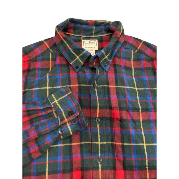 LL Bean Mens Traditional Fit Blue Red Green‎ Yellow Plaid Flannel Long Sleeve M - Picture 1 of 7